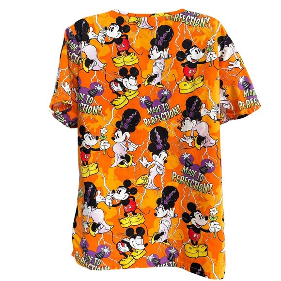Disney Mickey Minnie Mouse Halloween Scrub Top S Cotton Orange V-Neck - Picture 2 of 11